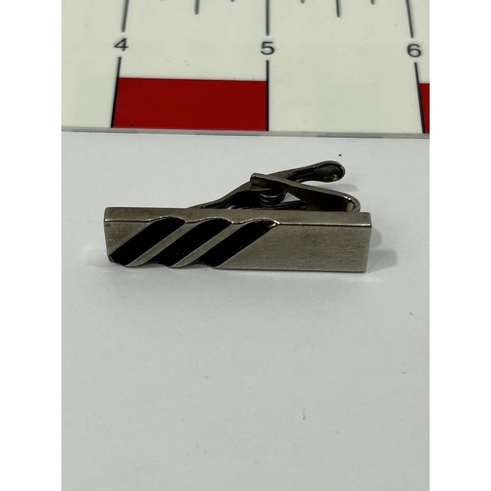 Silver Tone Tie Clip Bar Mens Black Diagonal Stripe Design 1 Inch Classic Dress